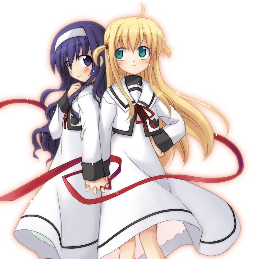 minamura haruki, arisa bunnings, tsukimura suzuka, lyrical nanoha, mahou shoujo lyrical nanoha, 00s, holding hands, red ribbon, ribbon, school uniform, serafuku, string, string of fate