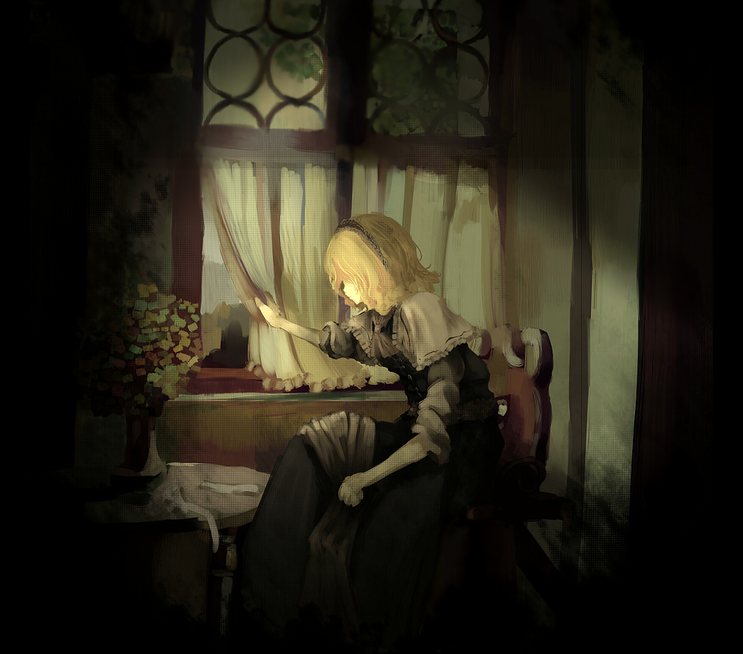 yoshioka yoshiko, alice margatroid, touhou, 1girl, blonde hair, chair, curtains, dark, dress, female focus, hair over eyes, hairband, short hair, sitting, solo, table, window