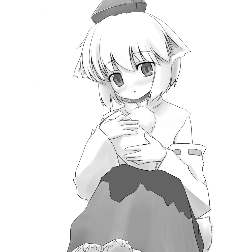 inubashiri momiji, touhou, 1girl, female focus, greyscale, hat, monochrome, pom pom (clothes), solo, tokin hat, wolf ears