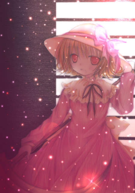 kasuga sunao, elly (touhou), lotus land story, touhou, touhou (pc-98), 1girl, blonde hair, bow, dress, female focus, hat, hat bow, open mouth, polearm, red eyes, red theme, scythe, solo, standing, weapon