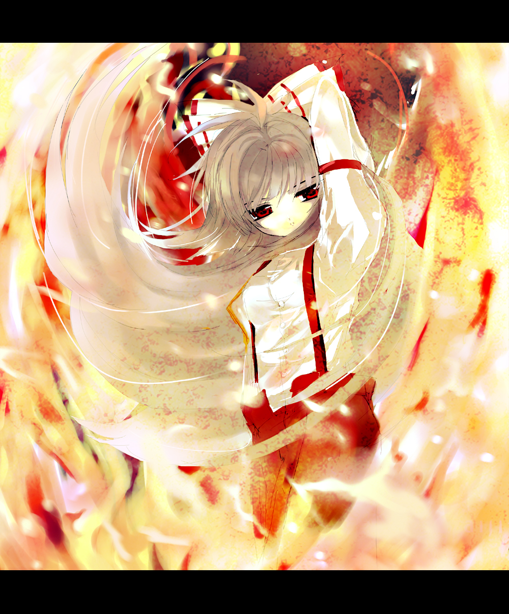 shino (eefy), fujiwara no mokou, touhou, highres, 1girl, arm up, bow, female focus, fiery background, fire, grey hair, hair bow, letterboxed, long hair, red eyes, solo, suspenders