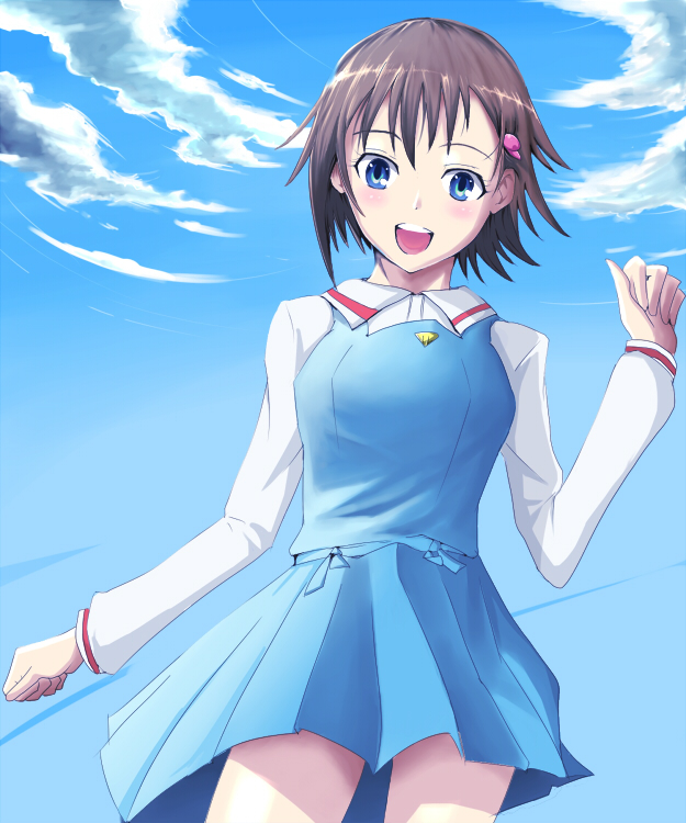 kasai shin, isurugi noe, true tears, 00s, 1girl, blouse, blue eyes, blush, brown hair, collared shirt, female focus, from below, open mouth, school uniform, shirt, short hair, solo, white shirt