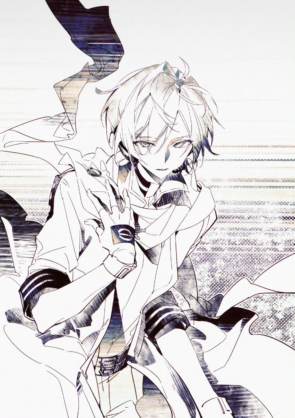 kaito (vocaloid), vocaloid, highres, 1boy, belt, beret cj, fingerless gloves, gloves, greyscale, hair between eyes, headset, jacket, looking at viewer, male focus, monochrome, scarf, short hair, solo, three-quarter sleeves