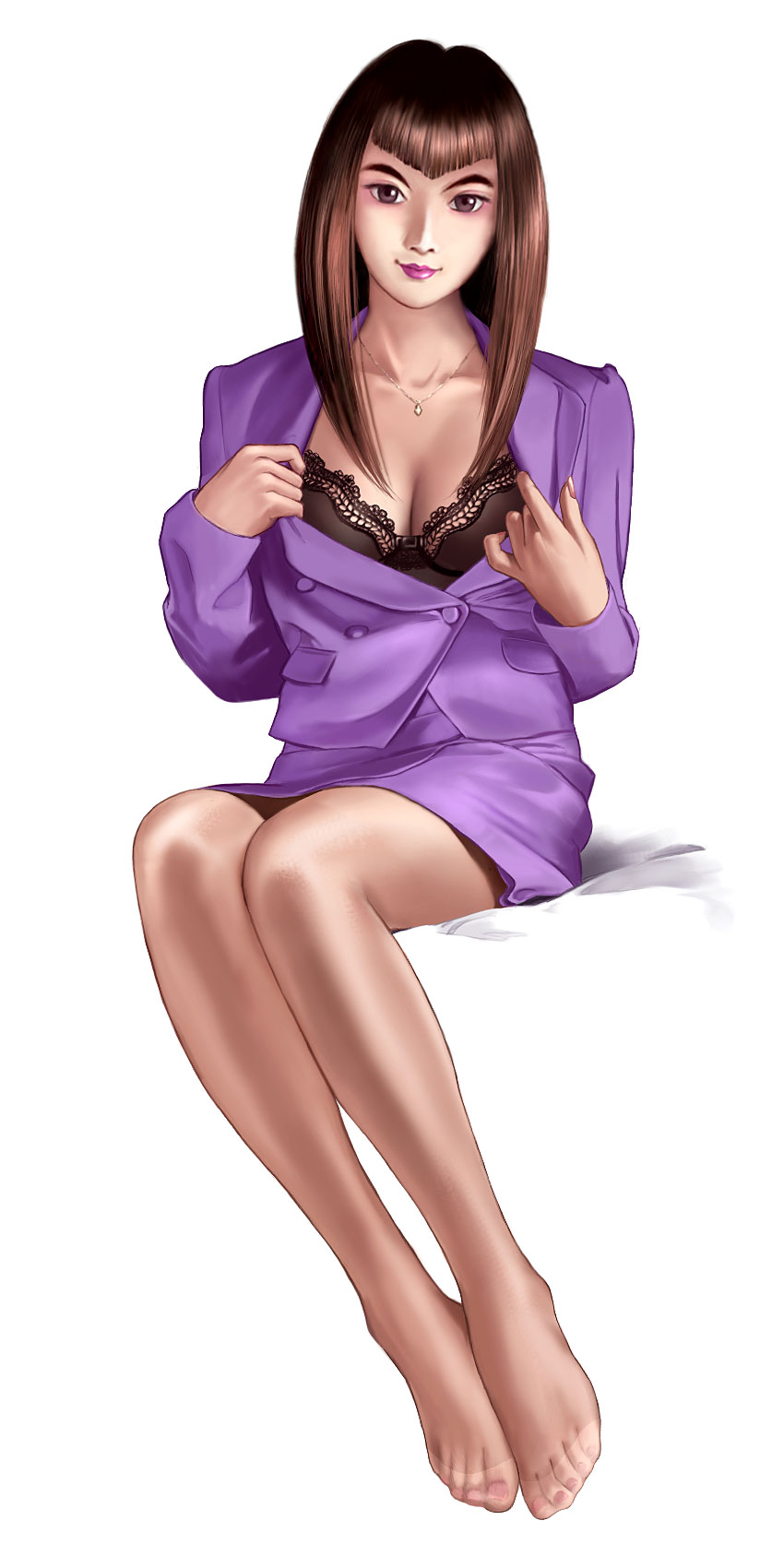 python (snake legs), seki-sensei, ojamajo doremi, self exposure, highres, 1girl, bed, black bra, bra, breasts, brown eyes, brown hair, cleavage, facing viewer, feet, female focus, formal clothes, full body, jacket, jewelry, legs, legs together, lingerie, lips, lipstick, long hair, long legs, looking at viewer, makeup, matching hair/eyes, medium breasts, miniskirt, nail polish, necklace, no shoes, open clothes, open jacket, pantyhose, purple jacket, purple skirt, simple background, sitting, skirt, skirt suit, small breasts, solo, suit, teacher, toes, underwear, white background