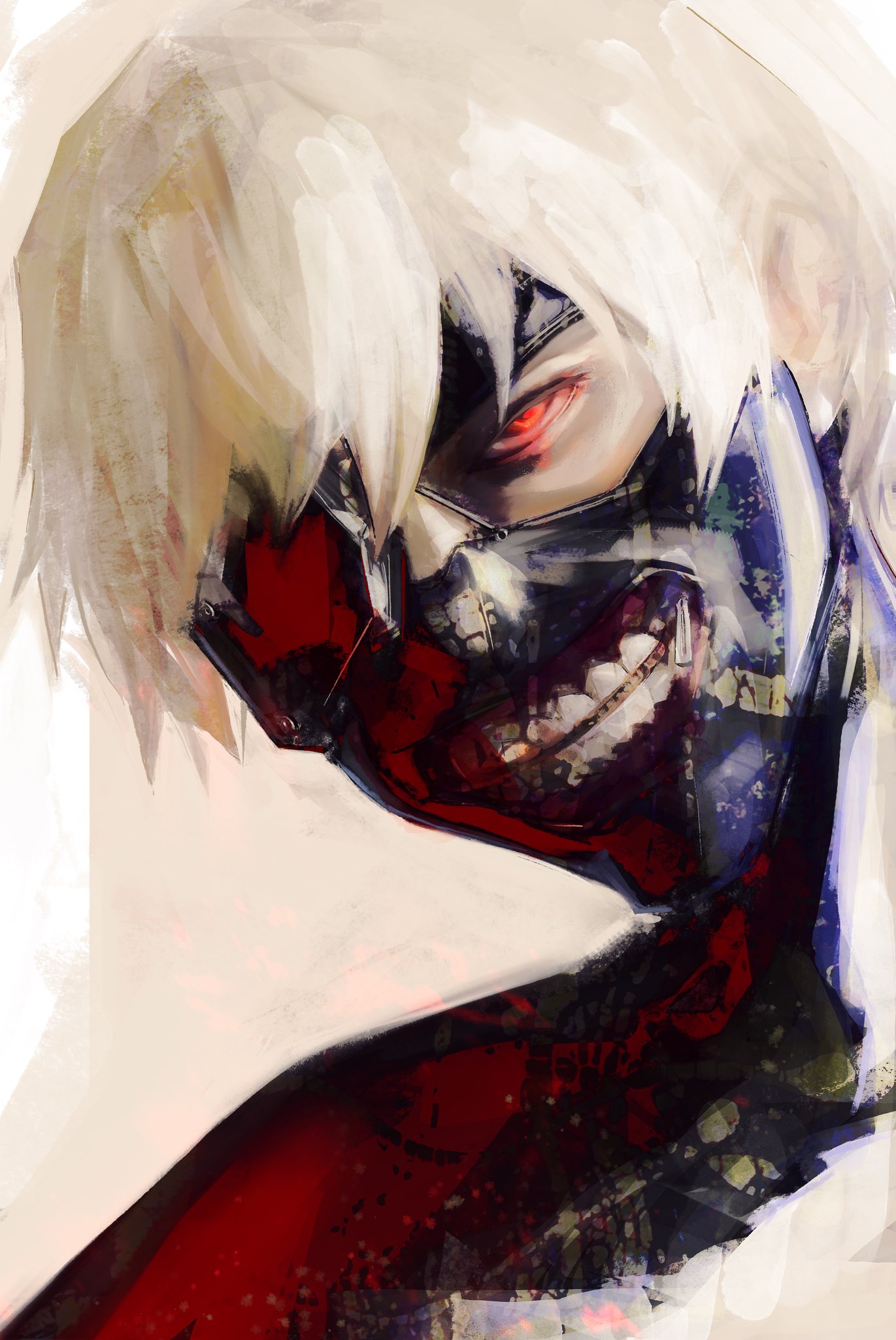 kyezzzz, kaneki ken, tokyo ghoul, highres, 1boy, black shirt, eyepatch, leather mask, male focus, mask, partially shaded face, red eyes, shaded face, shirt, short hair, simple background, solo, teeth, teeth print, white background, white hair, zipper, zipper pull tab