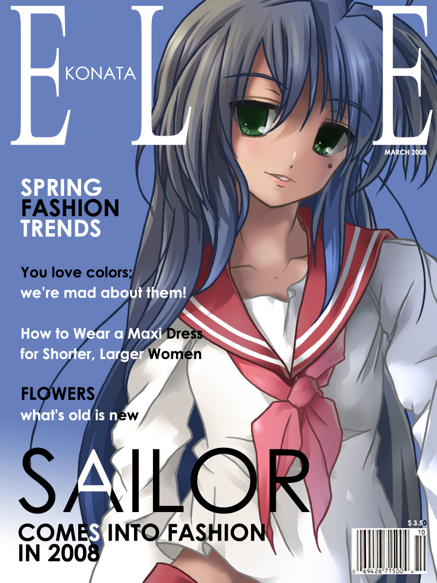 sakura sora, izumi konata, lucky star, bad id, bad pixiv id, highres, 00s, cover, english text, magazine (object), school uniform, serafuku, solo