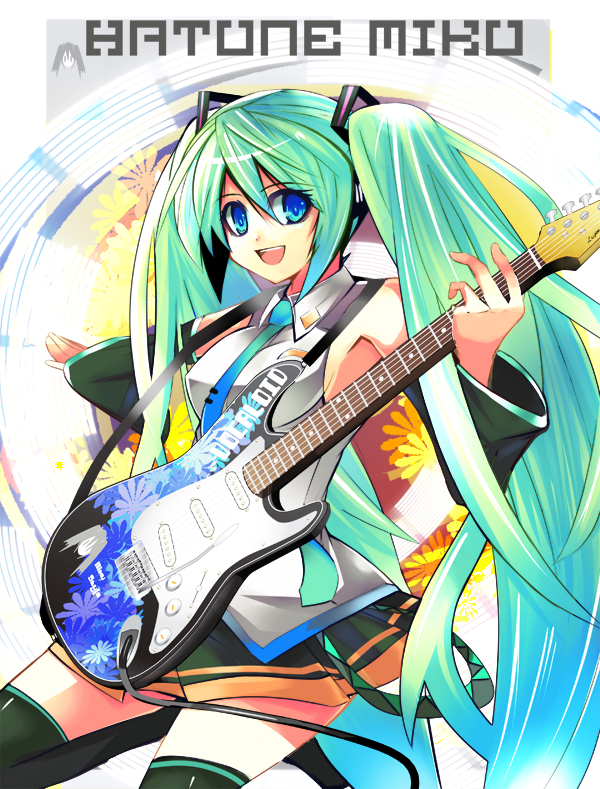 nirai kanai, hatsune miku, vocaloid, 1girl, aqua hair, electric guitar, female focus, guitar, instrument, smile, solo, tamyura, thighhighs, zettai ryouiki
