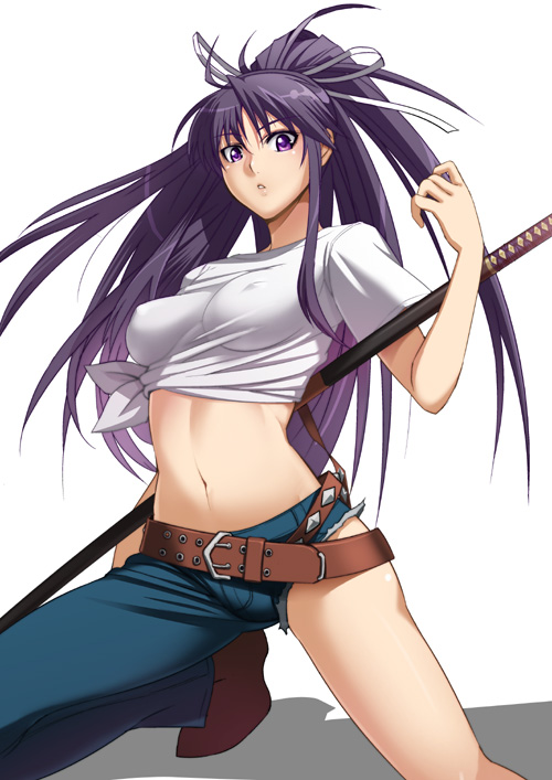 inue shinsuke, kanzaki kaori, toaru majutsu no index, toaru majutsu no index: old testament, 00s, 1girl, asymmetrical clothes, belt, belt skirt, breasts, covered erect nipples, cutoffs, denim, female focus, hair ribbon, impossible clothes, impossible shirt, jeans, katana, large breasts, long hair, midriff, no bra, pants, ponytail, purple eyes, purple hair, ribbon, shirt, single pantsleg, solo, sword, t-shirt, tied shirt, very long hair, weapon, white shirt