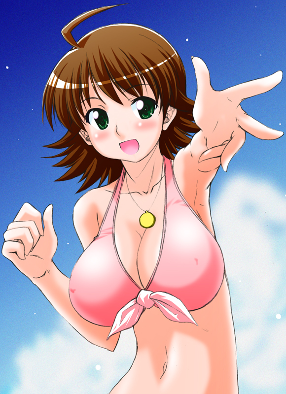 rikumoto yoshiyuki, awakened miki, hoshii miki, idolmaster, idolmaster (classic), idolmaster 1, 00s, 1girl, ahoge, bikini, breasts, brown hair, cleavage, collarbone, female focus, foreshortening, front-tie top, green eyes, huge breasts, jewelry, large breasts, navel, necklace, open mouth, outdoors, outstretched arm, outstretched hand, pink bikini, reaching, short hair, sky, smile, solo, swimsuit
