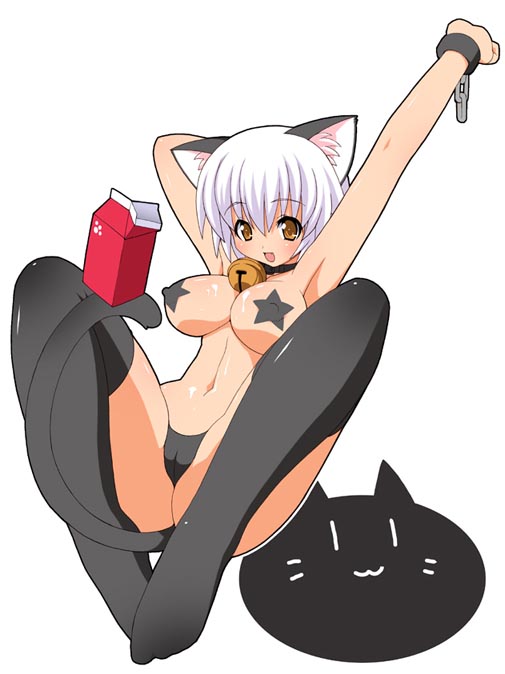 shishimaru ken'ya, original, 1girl, :3, animal ears, armpits, arms up, bell, black panties, black thighhighs, breasts, cameltoe, cat ears, cat tail, collar, covered erect nipples, cuffs, female focus, jingle bell, large breasts, milk, neck bell, panties, pasties, simple background, solo, star (symbol), star pasties, tail, thighhighs, underwear, white hair, yellow eyes