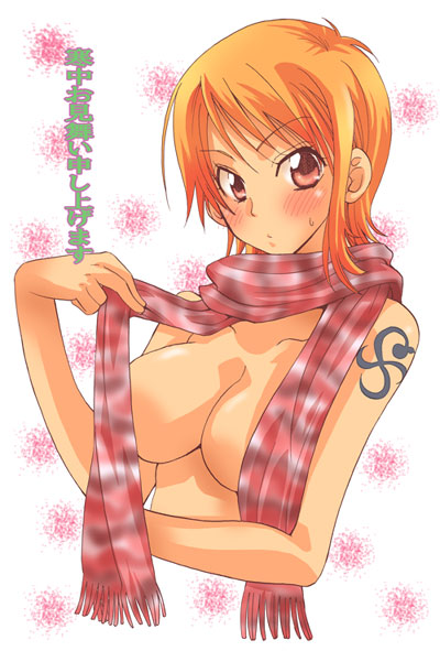 kurione, yu-ri (kurione-sha), nami (one piece), one piece, 1girl, blush, breasts, censored, convenient censoring, female focus, large breasts, orange hair, pink eyes, scarf, scarf over breasts, short hair, shoulder tattoo, solo, sweatdrop, tattoo, topless female, upper body