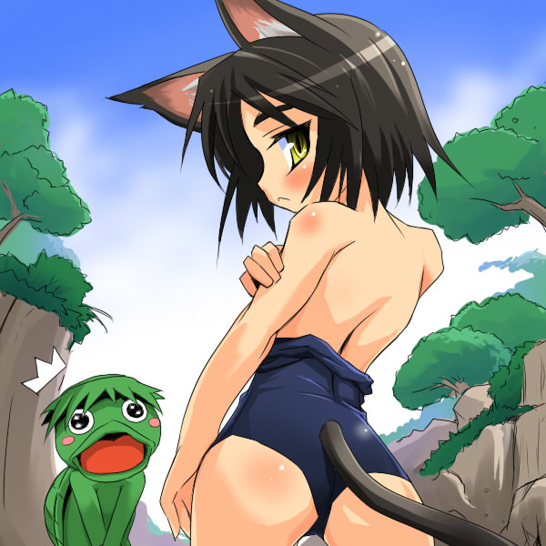 hermmy, kappa (neko musume michikusa nikki), kurona (neko musume michikusa nikki), neko musume michikusa nikki, 1boy, 1girl, animal ears, ass, bare shoulders, cat ears, cat tail, clothes pull, kappa, one-piece swimsuit, one-piece swimsuit pull, school swimsuit, swimsuit, tail