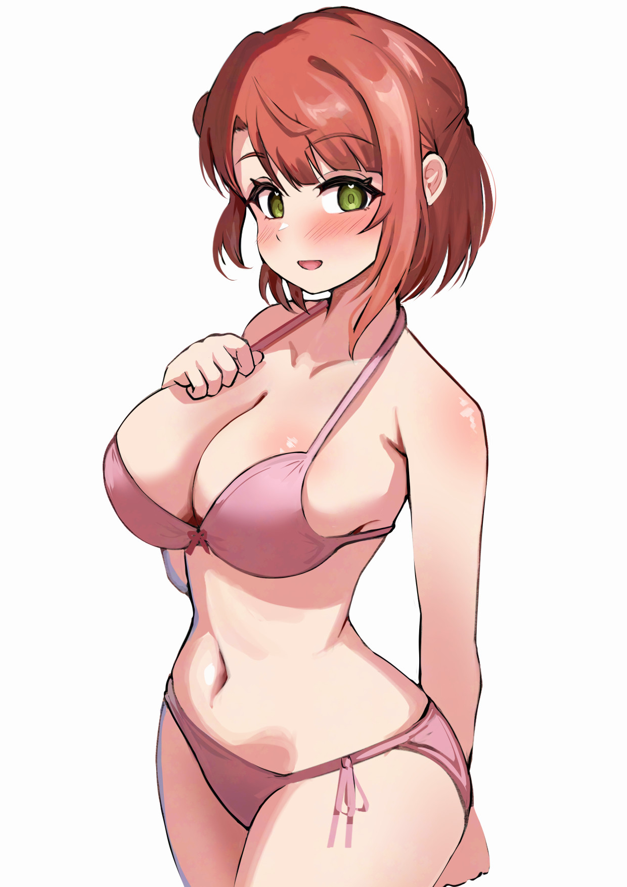 pisagi, uehara ayumu, love live!, love live! nijigasaki high school idol club, commentary, highres, 1girl, :d, bare arms, bikini, blush, breasts, cleavage, collarbone, green eyes, heart, heart-shaped pupils, large breasts, looking at viewer, navel, open mouth, pink bikini, red hair, short hair, sidelocks, simple background, smile, solo, standing, swimsuit, symbol-shaped pupils, white background