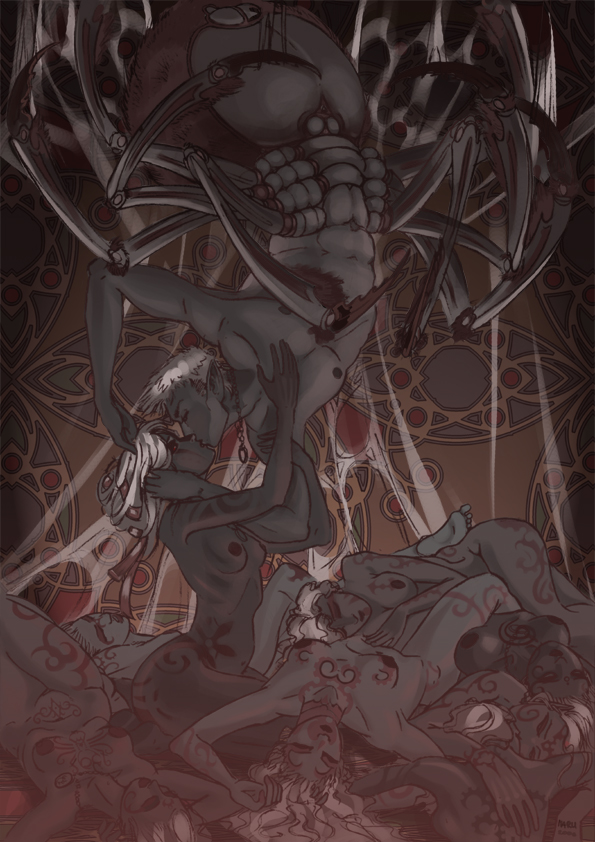 tagme, 1boy, 6+girls, arachne, arthropod girl, breasts, bug, dark elf, elf, insect girl, monster girl, multiple girls, nude, pointy ears, silk, small breasts, spider, spider girl, spider web, tattoo, taur