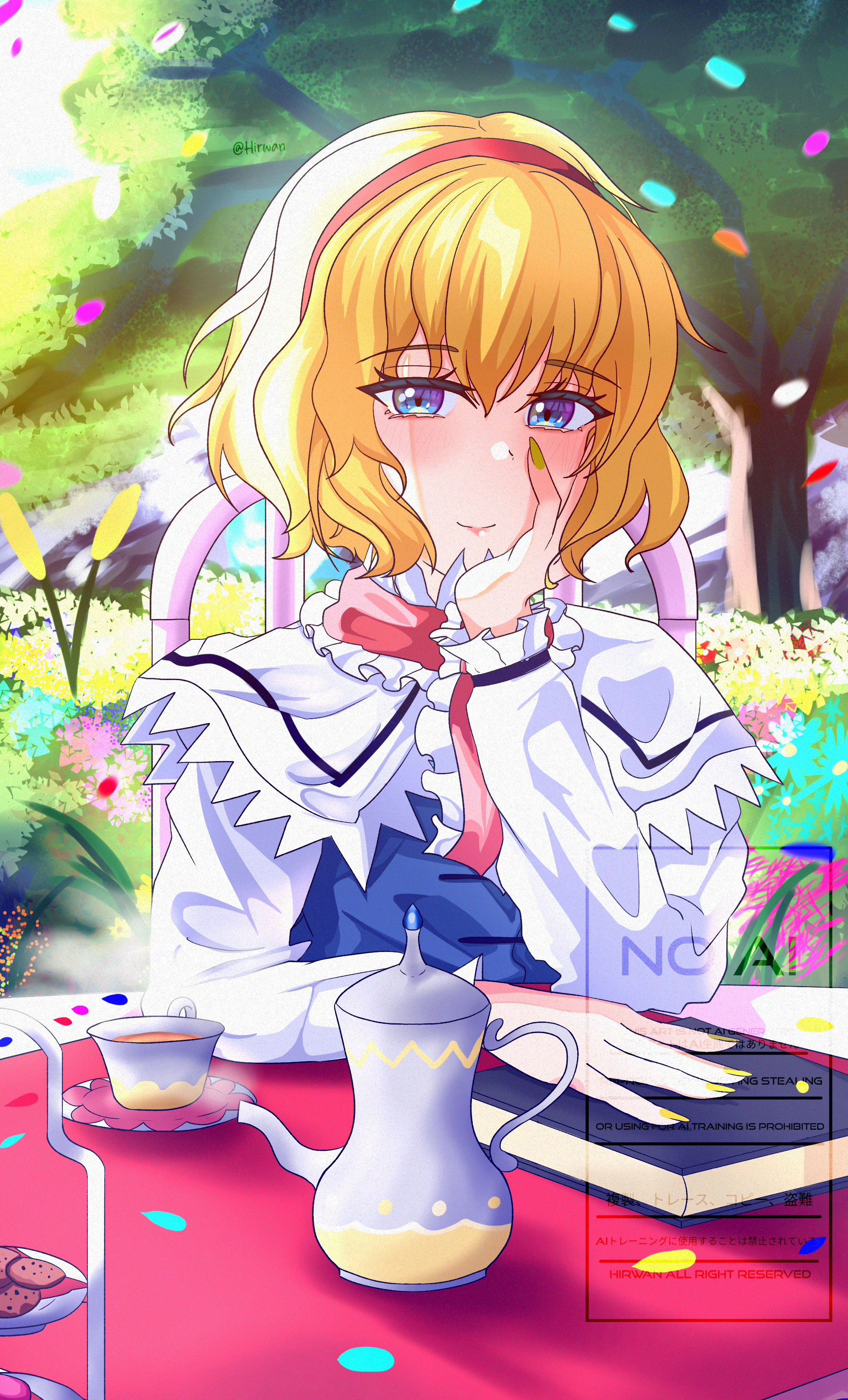 hirwannew, alice margatroid, touhou, absurdres, highres, blonde hair, blue dress, book, capelet, dress, falling petals, floral background, frilled hairband, frilled sash, frills, grimoire, grimoire of alice, hairband, petals, sash