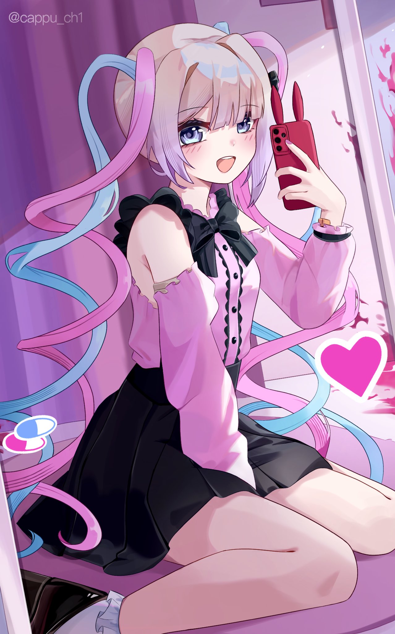 cappu ch1, chouzetsusaikawa tenshi-chan, needy girl overdose, hashtag-only commentary, highres, 1girl, :d, alternate costume, alternate footwear, ankle socks, artist name, bare shoulders, black bow, black bowtie, black shoes, black skirt, blonde hair, blood, blood on wall, blue eyes, blue hair, blunt bangs, bow, bowtie, cellphone, curtains, detached sleeves, fingernails, gradient hair, holding, holding phone, jirai kei, kneeling, light blush, long hair, looking at viewer, multicolored hair, nail polish, open mouth, phone, pink hair, pink shirt, pink sleeves, purple nails, quad tails, shirt, shoes, skirt, smartphone, smile, socks, teeth, twintails, twitter username, upper teeth only, very long hair, white socks