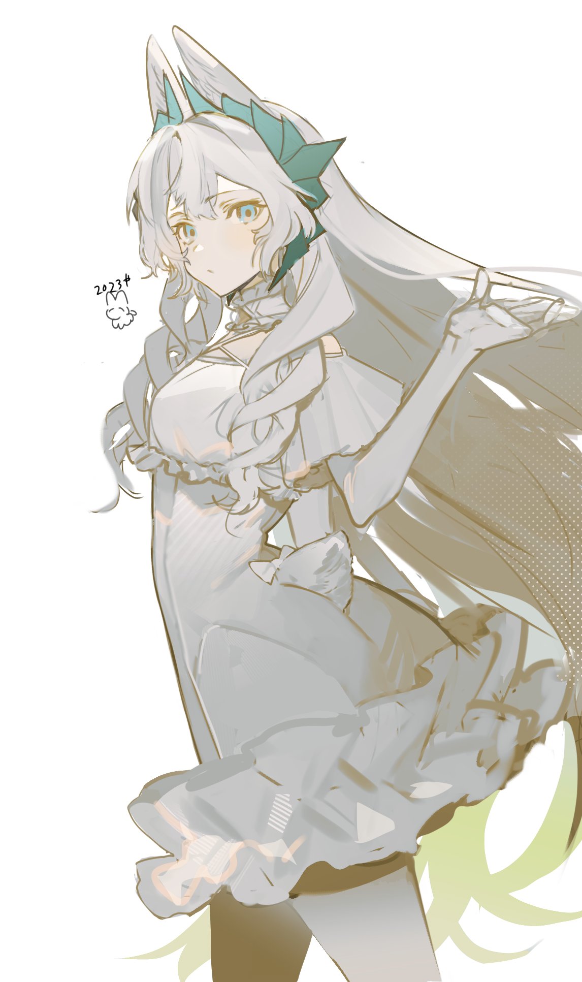 shachi (d09 0rca), original, highres, 1girl, animal ears, blue eyes, breasts, closed mouth, cowboy shot, dress, elbow gloves, frilled dress, frills, gloves, grey hair, hand up, long hair, looking at viewer, pantyhose, rabbit ears, rabbit tail, simple background, solo, tail, very long hair, white background, white dress, white gloves, white hair