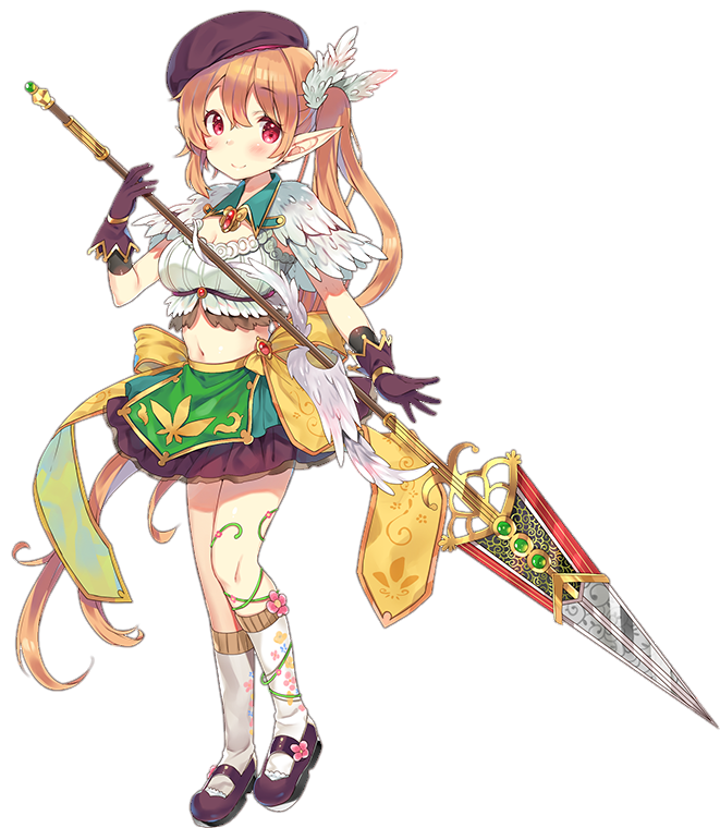 sennen sensou aigis, artist request, bad source, game cg, official art, third-party source, 1girl, beret, breasts, cleavage, elf, feather hair ornament, feathers, full body, gloves, hair ornament, hat, holding, holding polearm, holding weapon, light smile, navel, pink eyes, plume (sennen sensou aigis), pointy ears, polearm, short sleeves, skirt, solo, spear, transparent background, weapon
