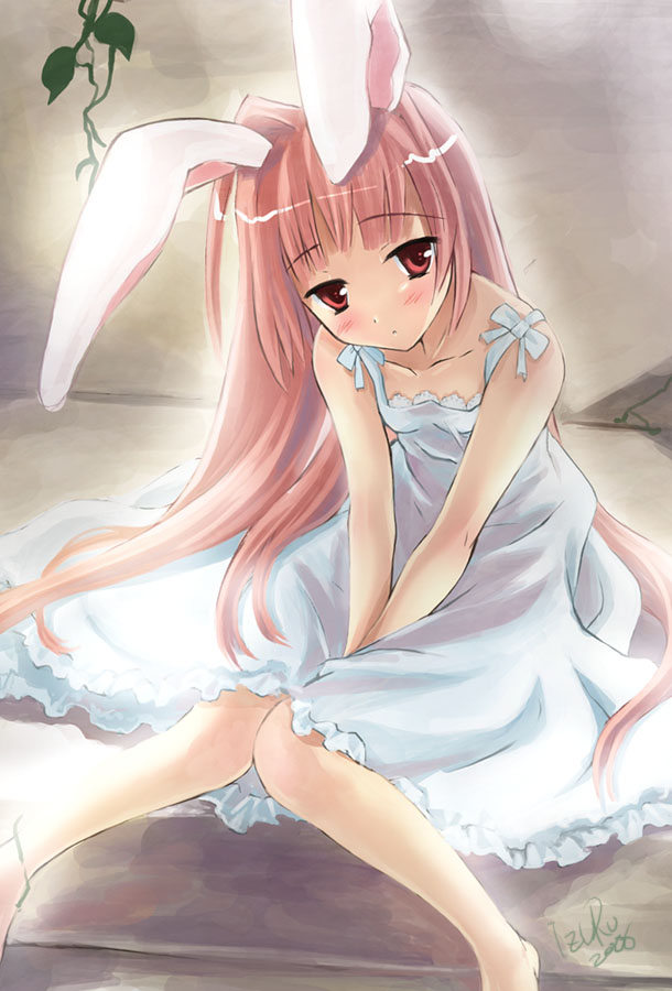 nekou izuru, animal ears, blush, dress, long hair, rabbit ears, red eyes, red hair, solo, very long hair