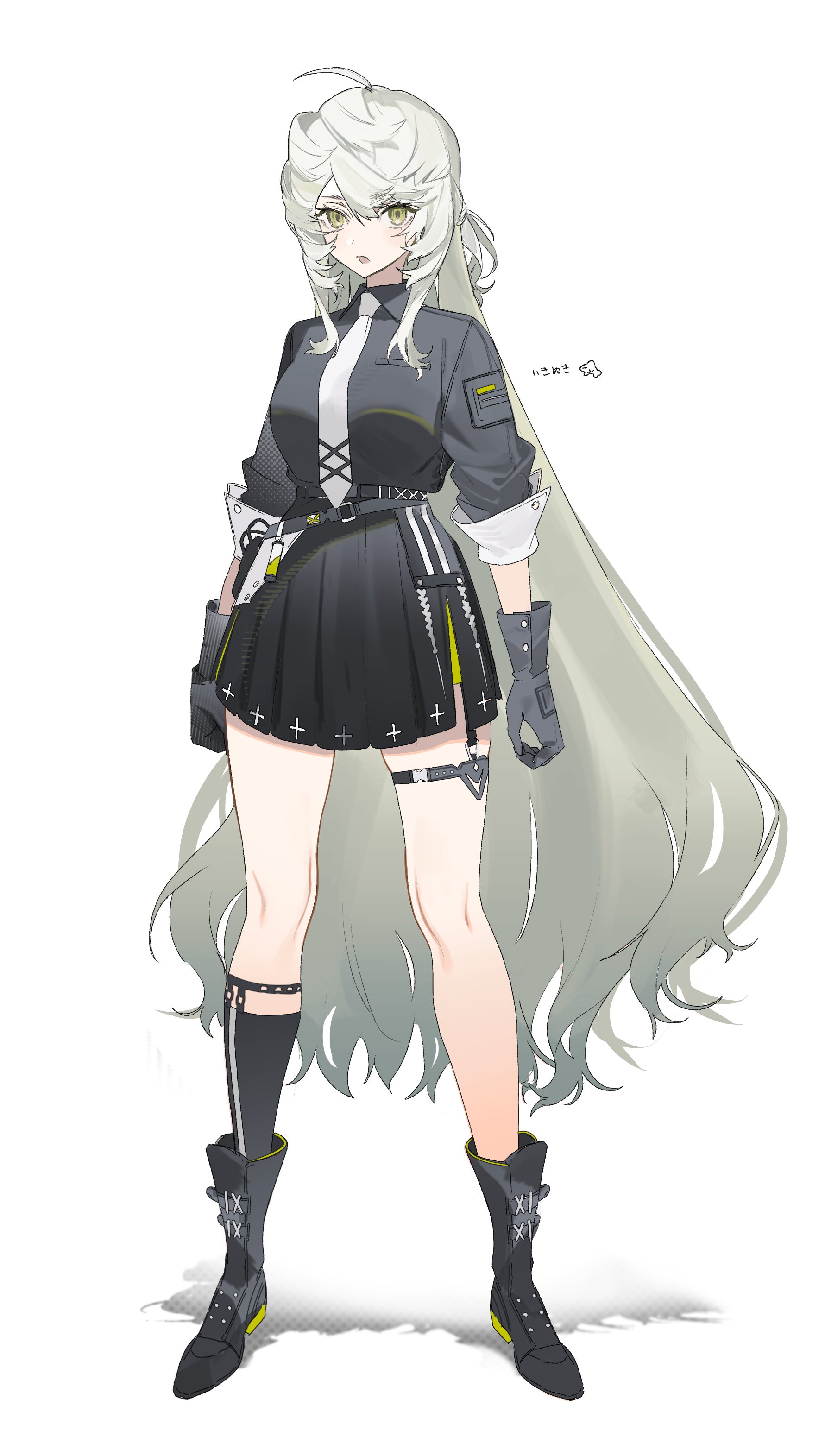 shachi (d09 0rca), original, absurdres, highres, 1girl, ahoge, black gloves, black shirt, black skirt, boots, closed mouth, collared shirt, full body, gloves, grey hair, hair between eyes, long hair, looking at viewer, necktie, pleated skirt, shirt, simple background, skirt, sleeves rolled up, socks, solo, standing, thigh strap, very long hair, white background, white necktie, yellow eyes