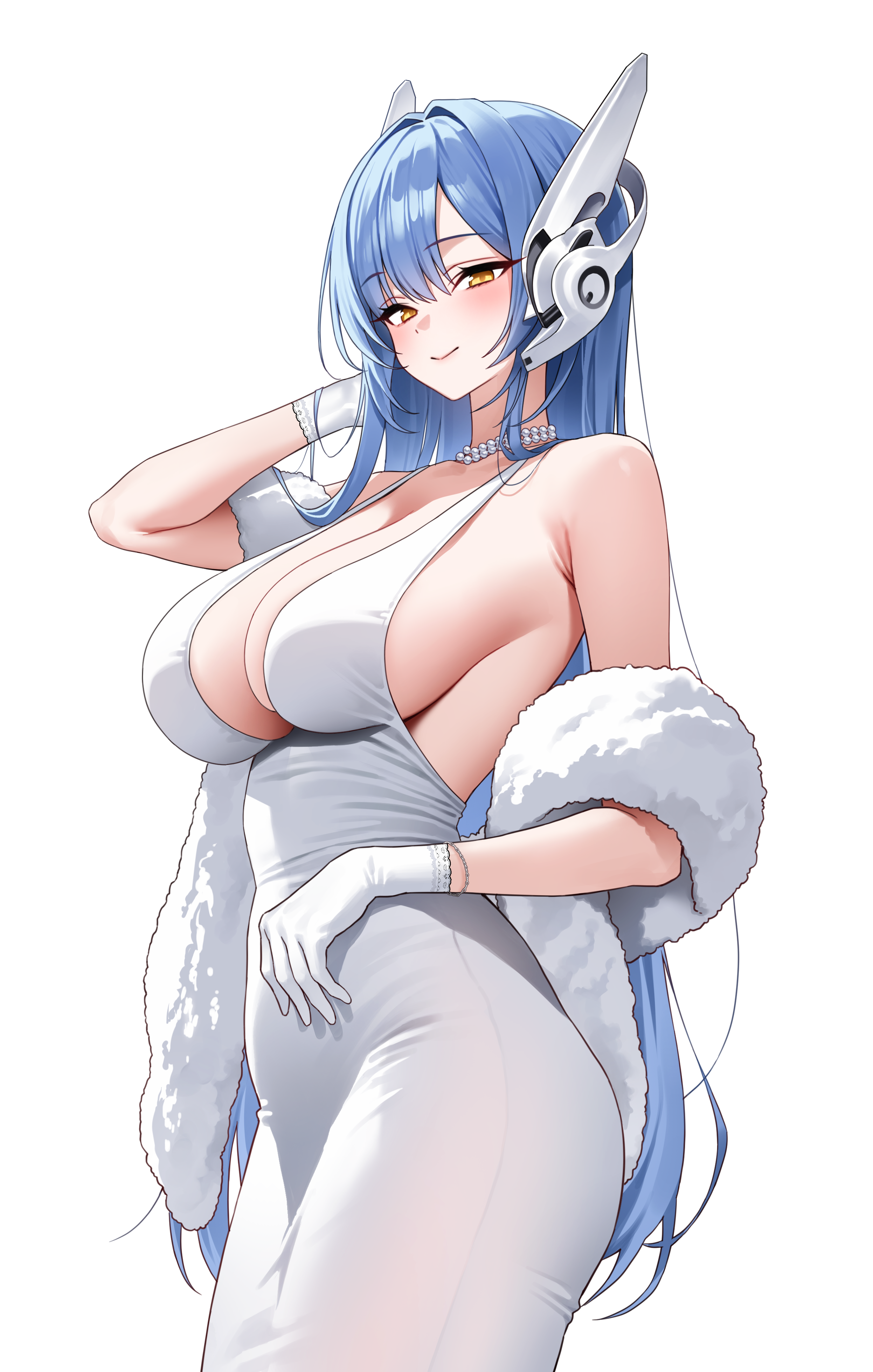 chano39, tar-21 (girls' frontline), girls' frontline, absurdres, commentary, highres, 1girl, armpit crease, bare shoulders, blush, breasts, closed mouth, collarbone, dress, feather boa, gloves, halter dress, halterneck, hand up, headgear, large breasts, long hair, looking at viewer, simple background, smile, solo, tight clothes, tight dress, white background, white dress, white gloves, yellow eyes