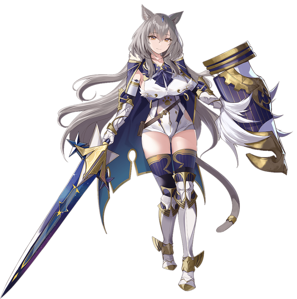 margot (sennen sensou aigis), sennen sensou aigis, artist request, bad source, game cg, official art, third-party source, 1girl, animal ears, breasts, brown eyes, brown hair, full body, holding, holding shield, holding sword, holding weapon, light smile, shield, sideboob, solo, sword, tail, thighs, transparent background, weapon