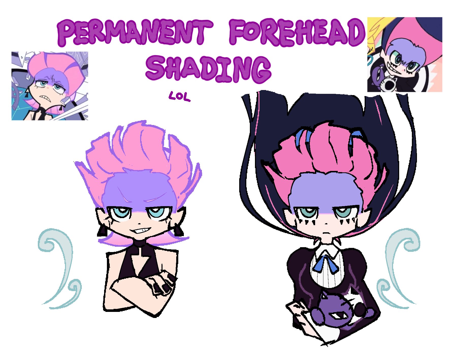 honekoneko (psg), polyurethane (psg), stocking (psg), panty & stocking with garterbelt, highres, crossed arms, deformed, earrings, floating hair, girly boy, grin, hairline, jewelry, jitome, kanekuripan, lower eyelashes only, official style, pale skin, pink hair, smile, stuffed animal, stuffed cat, stuffed toy, triangle earrings, v-shaped eyebrows