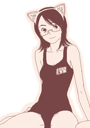 gusu, fujiyoshi harumi, sayonara zetsubou sensei, lowres, 00s, 1girl, animal ears, cat ears, female focus, glasses, monochrome, name tag, oekaki, one-piece swimsuit, pink theme, school swimsuit, sepia, solo, spread legs, swimsuit