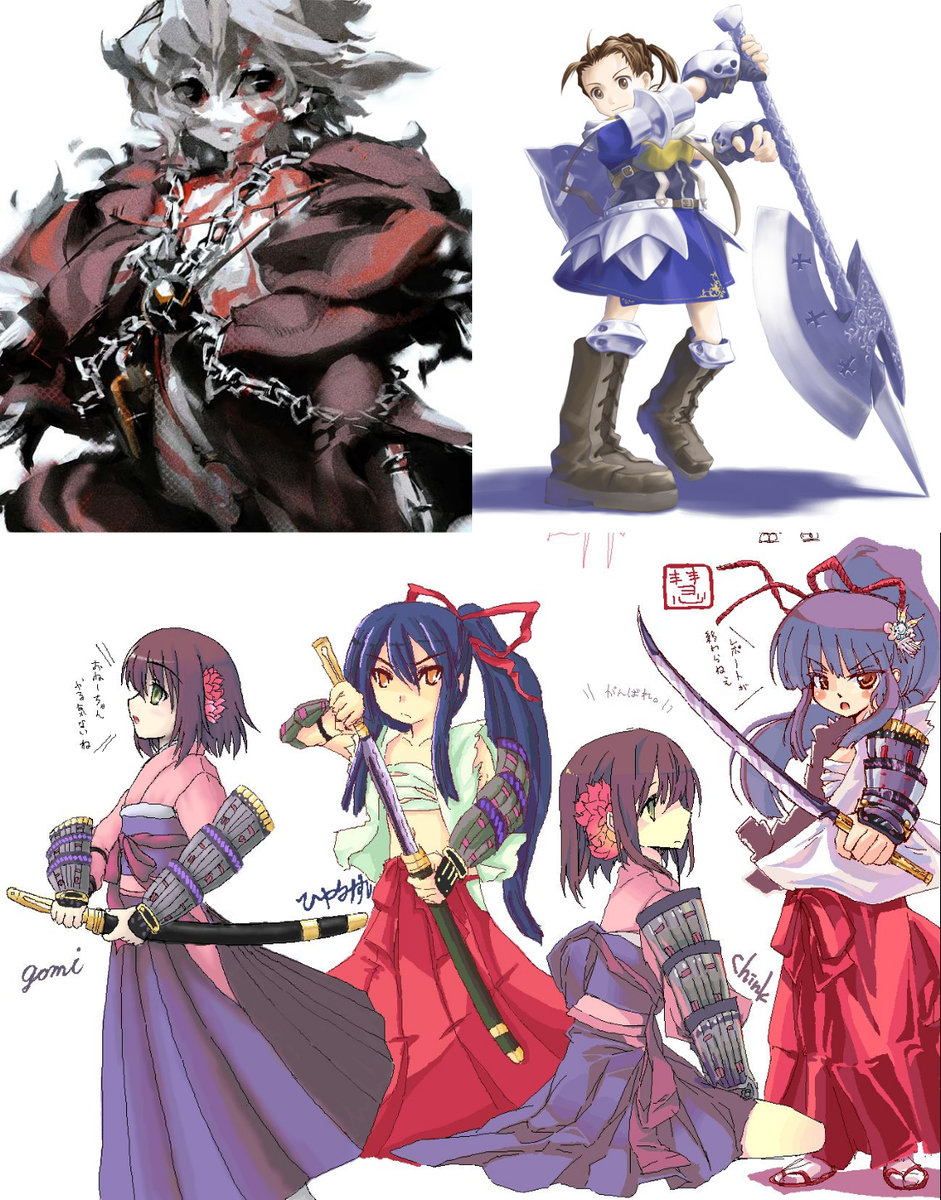 bushidou (sekaiju), bushidou 2 (sekaiju), bushidou 4 (sekaiju), curse maker, curse maker 4, swordsman (sekaiju), swordsman 4 (sekaiju), atlus, etrian odyssey, brown footwear, highres, 4girls, axe, battle, battle axe, black hair, blue dress, boots, brown hair, cursemaker, dress, from side, full body, gauntlets, holding, holding weapon, japanese clothes, kimono, knee boots, long sleeves, miko, monster, multiple girls, obi, ponytail, profile, purple hair, samurai, sash, short hair, standing, weapon
