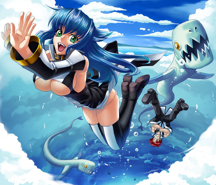 kagami hirotaka, aki (emina&aki), emina (emina&aki), emina&aki, original, 1boy, 1girl, blue hair, breasts, cloud, day, large breasts, panties, red hair, sky, thighhighs, underboob, underwear, water, wind, wind lift