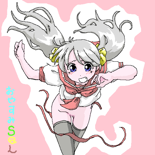 lowres, translated, blue eyes, grey hair, oekaki, panties, side-tie panties, thighhighs, twintails, underwear, wardrobe malfunction