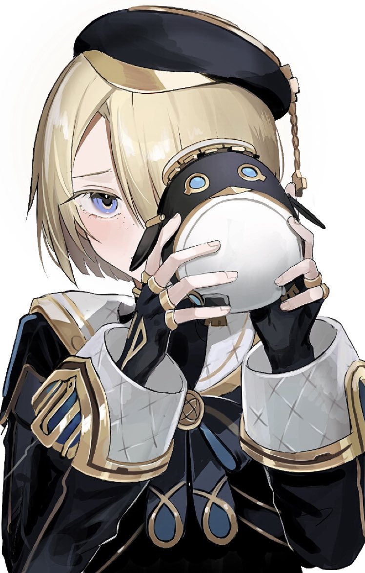 yoko (nz g), freminet (genshin impact), pers (genshin impact), genshin impact, 1boy, beret, black gloves, blonde hair, blue eyes, doll, fingerless gloves, gloves, hair over one eye, hat, looking at viewer, male focus, short hair, simple background, solo, white background