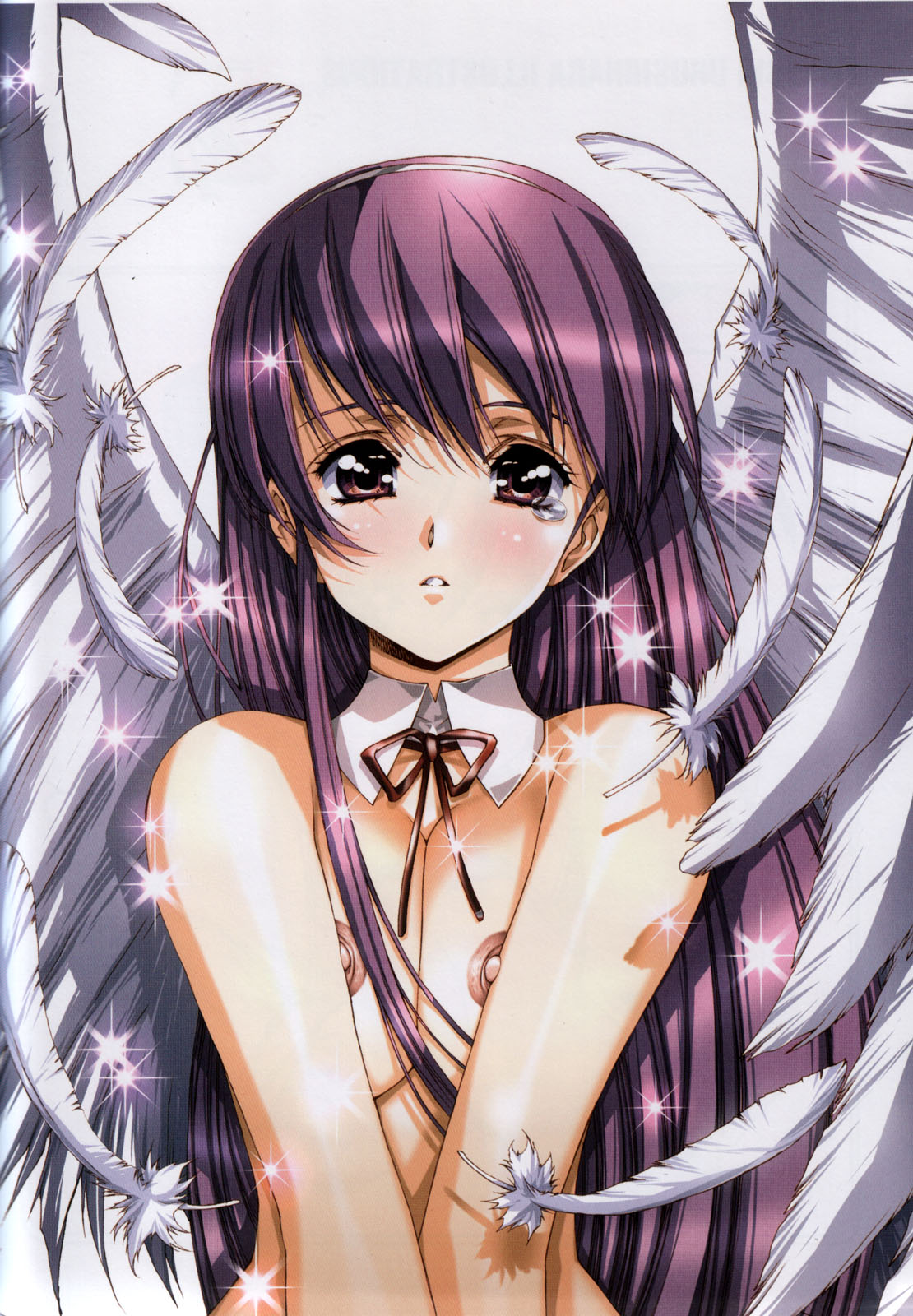 urushihara satoshi, highres, 1girl, blush, breasts, female focus, large breasts, looking at viewer, solo, tears, wings