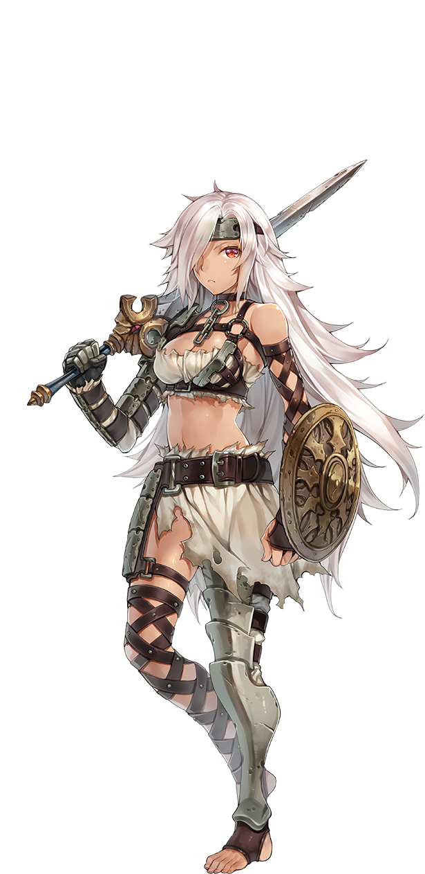 sennen sensou aigis, artist request, bad source, game cg, highres, official art, third-party source, 1girl, armor, barbara (sennen sensou aigis), bare shoulders, belt, breasts, chain, cleavage, full body, gloves, headband, holding, holding weapon, leg armor, long hair, navel, one eye covered, over shoulder, pink eyes, shield, shoulder armor, solo, transparent background, weapon, weapon over shoulder, white hair