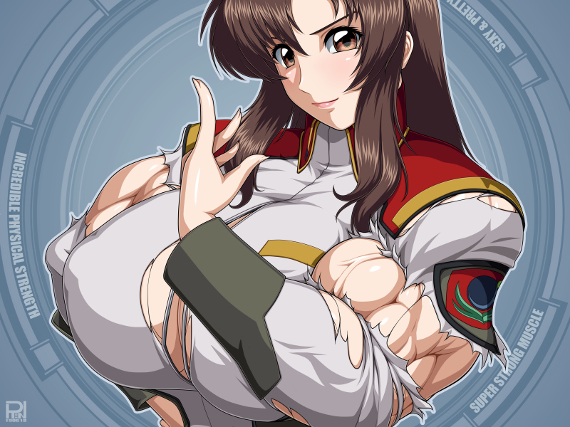 ren (tainca2000), murrue ramius, gundam, gundam seed, 1girl, breasts, female focus, huge breasts, looking at viewer, matching hair/eyes, medium hair, muscular, muscular female, solo, torn clothes, upper body