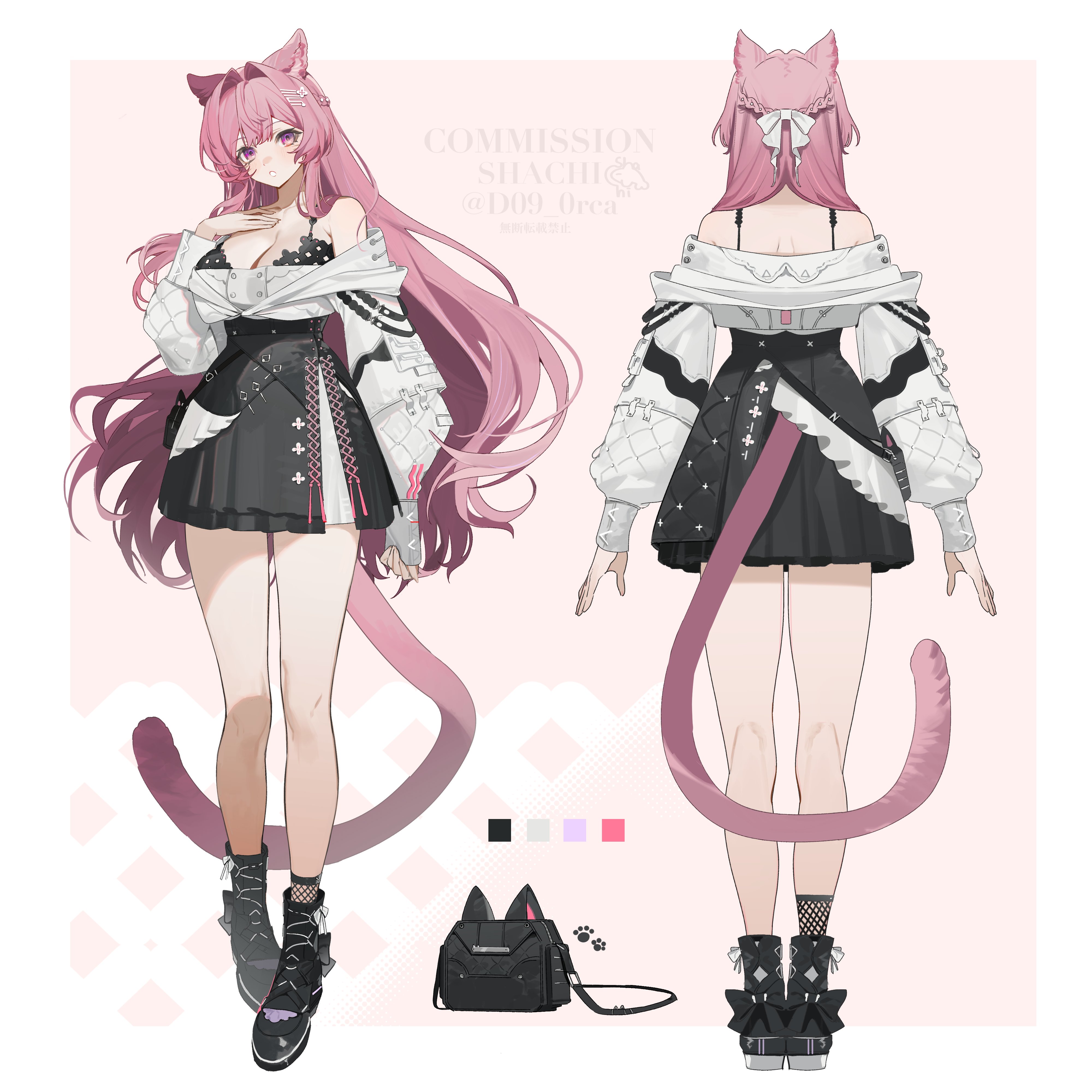 shachi (d09 0rca), original, absurdres, highres, 1girl, animal ears, bag, bare shoulders, black bra, black skirt, boots, bow, bra, braid, breasts, cat ears, cat girl, cat tail, cleavage, fishnets, from behind, full body, high-waist skirt, large breasts, long hair, long sleeves, looking at viewer, multiple views, off shoulder, pink eyes, pink hair, purple eyes, shirt, simple background, skirt, socks, standing, tail, underwear, very long hair, white background, white shirt