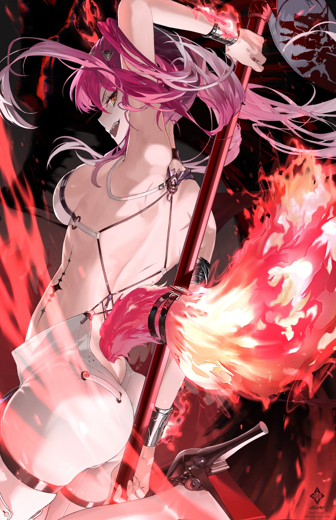 a0lp, lupa (wuthering waves), wuthering waves, commentary, highres, symbol-only commentary, 1girl, arm up, armlet, artist logo, ass, back, bare shoulders, breasts, collar, fiery tail, from side, high heels, holding, holding polearm, holding weapon, jewelry, logo, long hair, looking at viewer, median furrow, medium breasts, metal collar, open mouth, pants, pink hair, polearm, profile, red pupils, scar, sideboob, sideways glance, smile, solo, tacet mark (wuthering waves), tail, weapon, white pants, wolf tail, yellow eyes