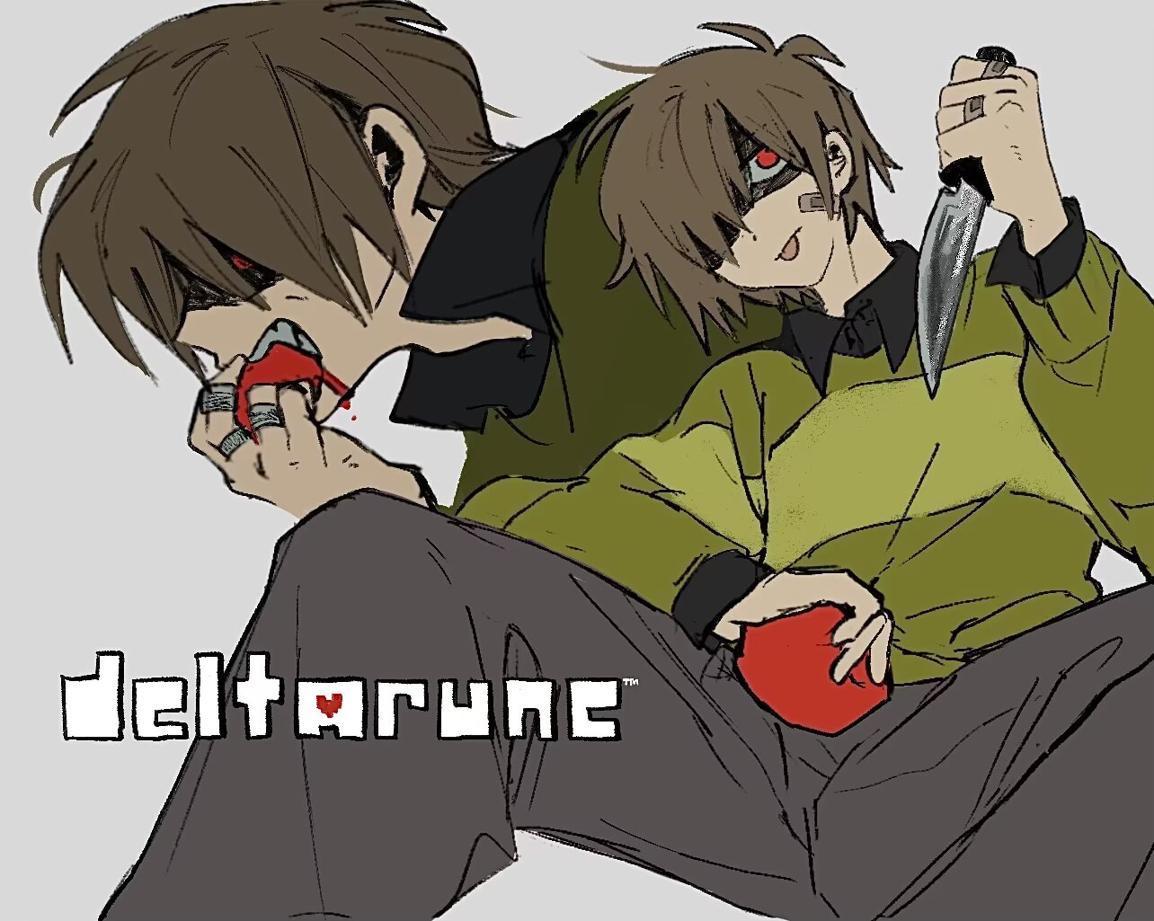 hamusitas, kris (deltarune), deltarune, utdr (toby fox), 1other, biting, black pants, black shirt, brown hair, collared shirt, copyright logo, copyright name, green sweater, hair over one eye, holding, holding knife, jewelry, knife, other focus, pants, red eyes, ring, shirt, short hair, single horizontal stripe, sitting, striped clothes, striped sweater, sweater, tongue, tongue out