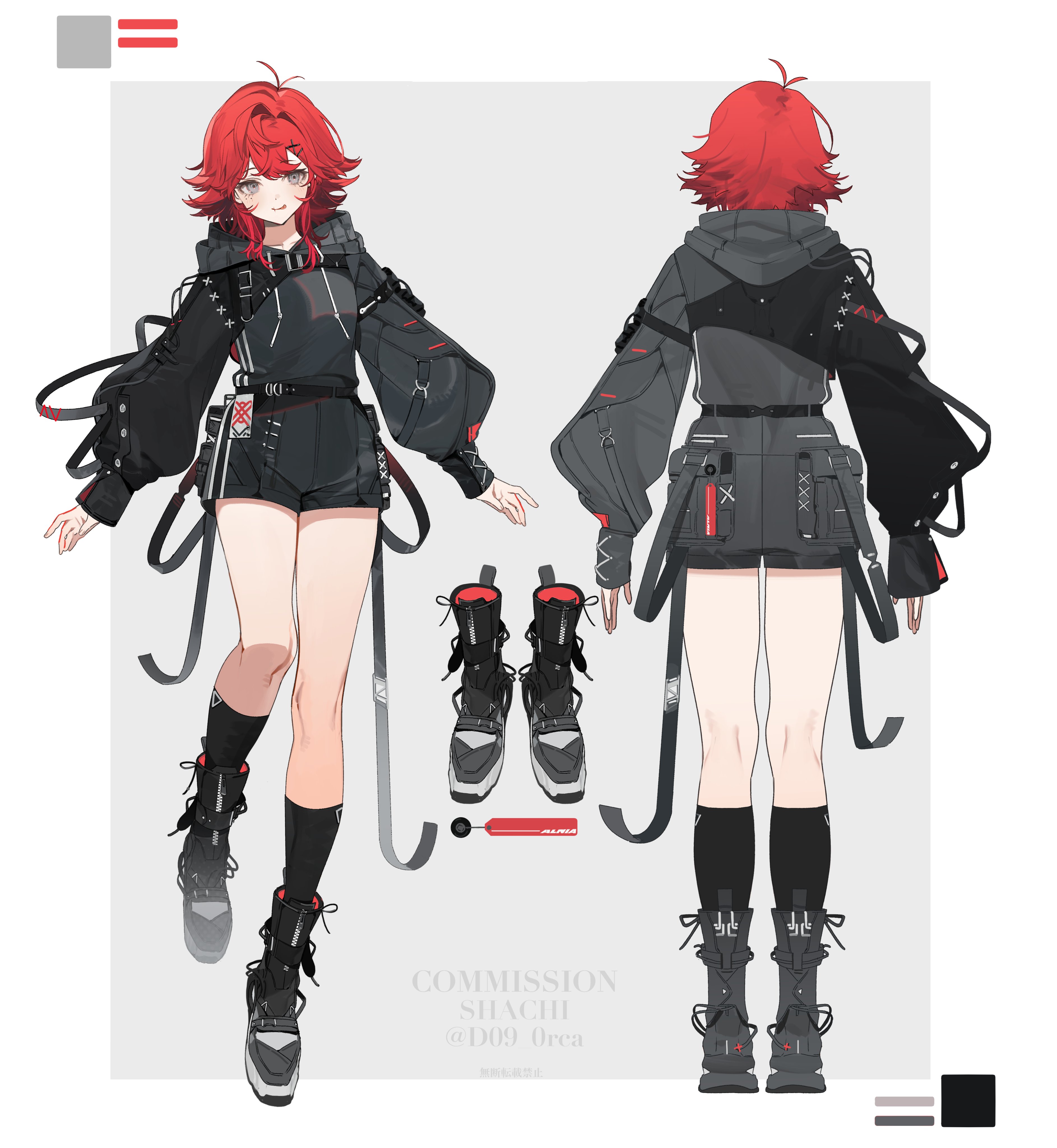 shachi (d09 0rca), original, absurdres, highres, 1girl, belt, black shorts, black socks, boots, closed mouth, full body, grey background, grey eyes, hood, hood down, hoodie, jacket, kneehighs, long sleeves, looking at viewer, multiple views, puffy long sleeves, puffy sleeves, red hair, reference sheet, shoes, short hair, shorts, sleeves past wrists, smile, socks, standing