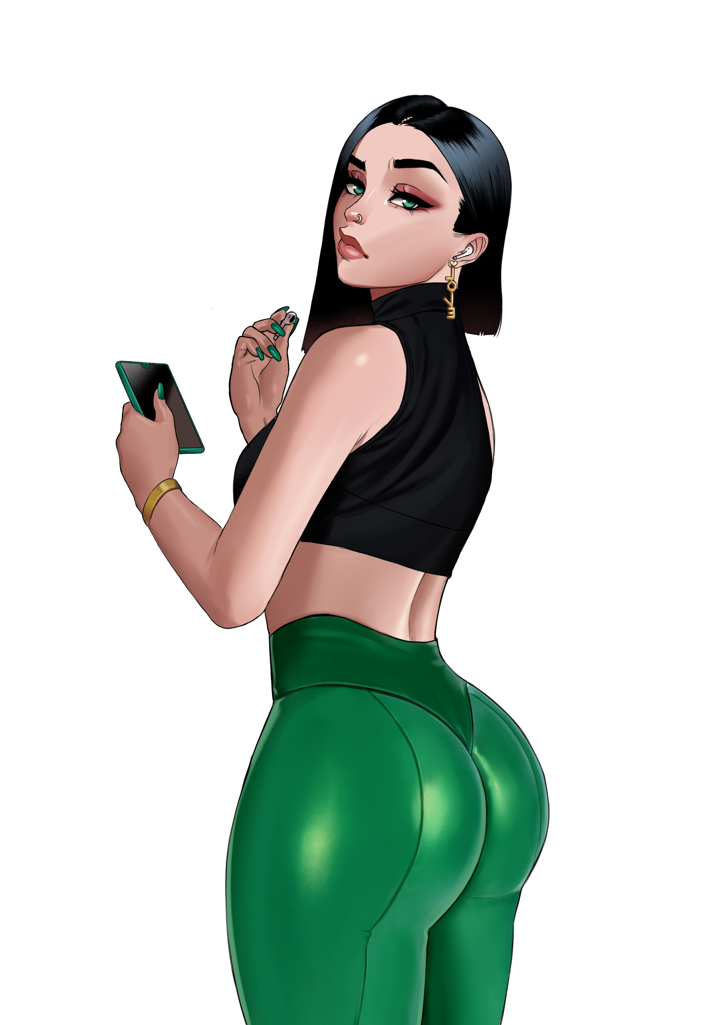 otto cubze, original, absurdres, highres, 1girl, ass, black hair, black shirt, bracelet, cellphone, crop top, earrings, face piercing, gold bracelet, green eyes, green nails, green pants, holding, holding phone, jade (otto cubze), jewelry, looking at viewer, looking back, nose piercing, nose ring, pants, phone, piercing, shirt, sleeveless, sleeveless shirt, smartphone, solo