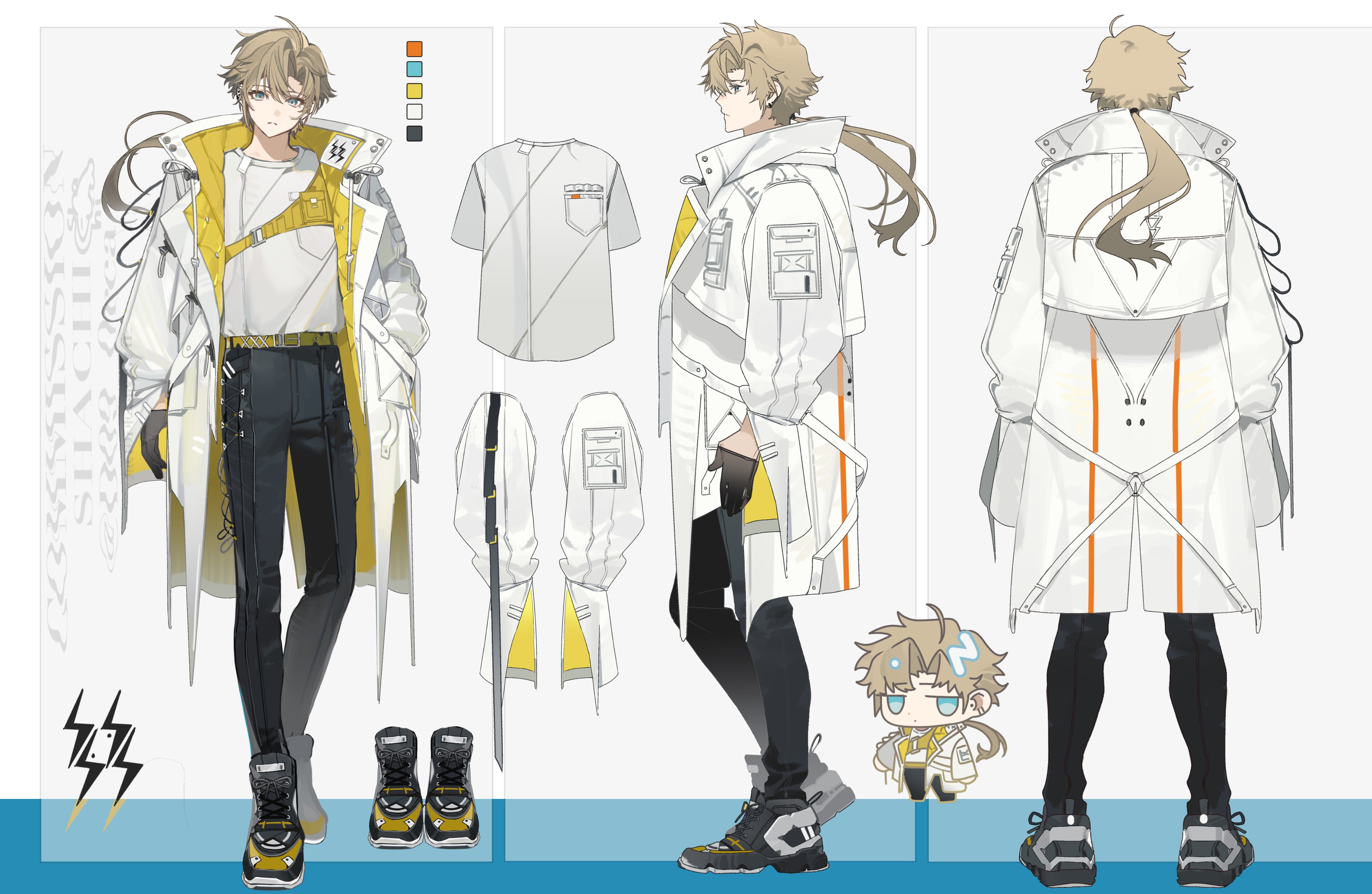 shachi (d09 0rca), original, absurdres, highres, 1boy, belt, belt buckle, black gloves, black pants, blue eyes, border, brown hair, buckle, chibi, closed mouth, coat, color guide, earrings, expressionless, full body, gloves, hair between eyes, hand in pocket, jacket, jewelry, long hair, long sleeves, looking at viewer, low ponytail, male focus, mole, multiple views, open clothes, open coat, pants, pocket, ponytail, profile, reference sheet, shirt, shoes, sneakers, standing, turnaround, white belt, white coat, white jacket, white shirt, yellow belt, zipper