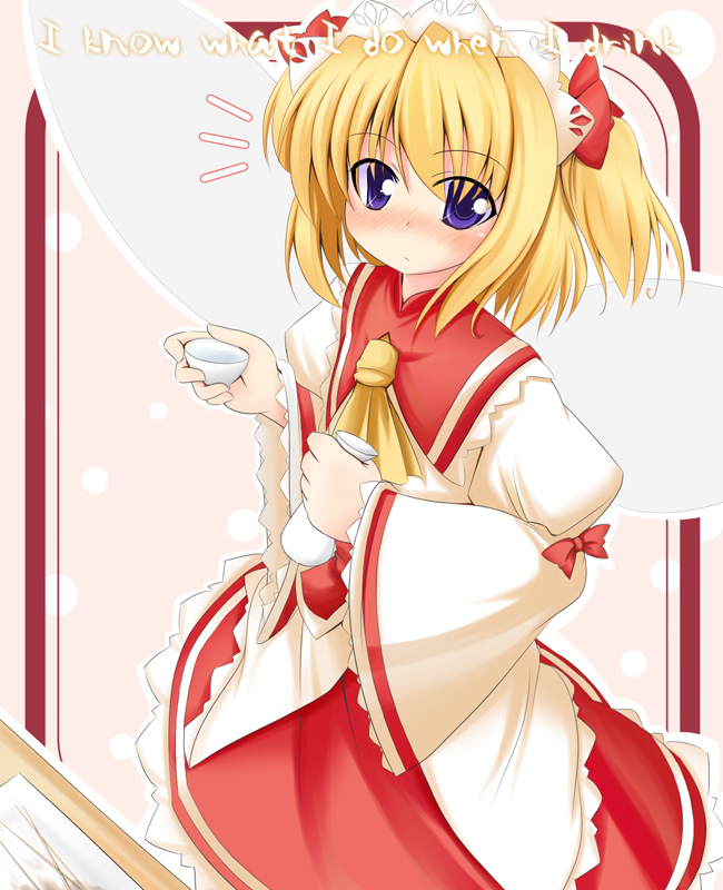 makino (ukiuo), sunny milk, eastern and little nature deity, touhou, 1girl, alcohol, blonde hair, drunk, female focus, purple eyes, sake, short hair, solo, wings