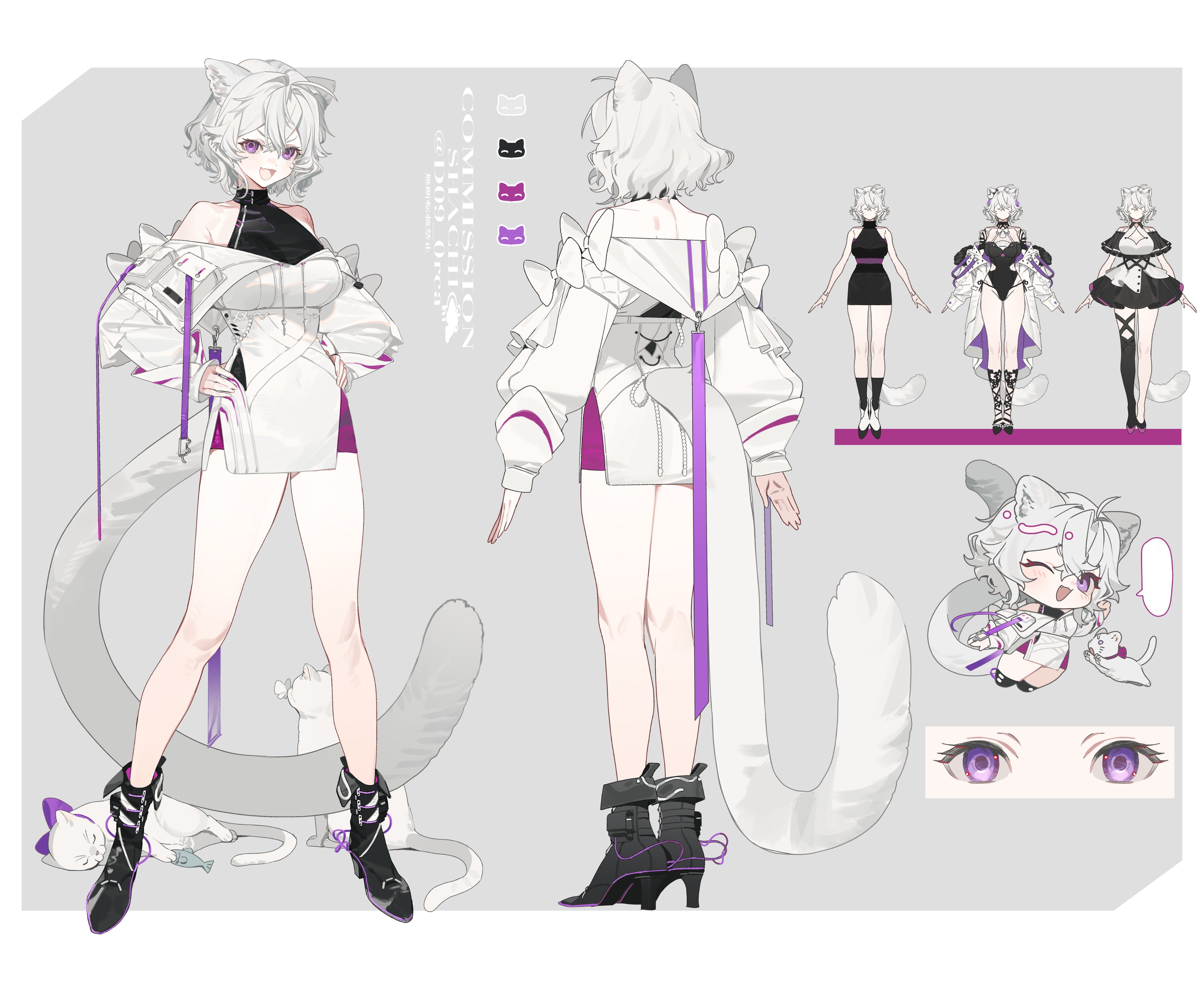 shachi (d09 0rca), original, absurdres, highres, 1girl, animal ears, bare shoulders, boots, breasts, cat ears, chibi, dress, full body, grey hair, hands on own hips, high heels, jacket, large breasts, looking at viewer, multiple views, off shoulder, one eye closed, open mouth, purple eyes, reference sheet, short hair, simple background, smile, standing, tail, thighhighs, white hair, white jacket