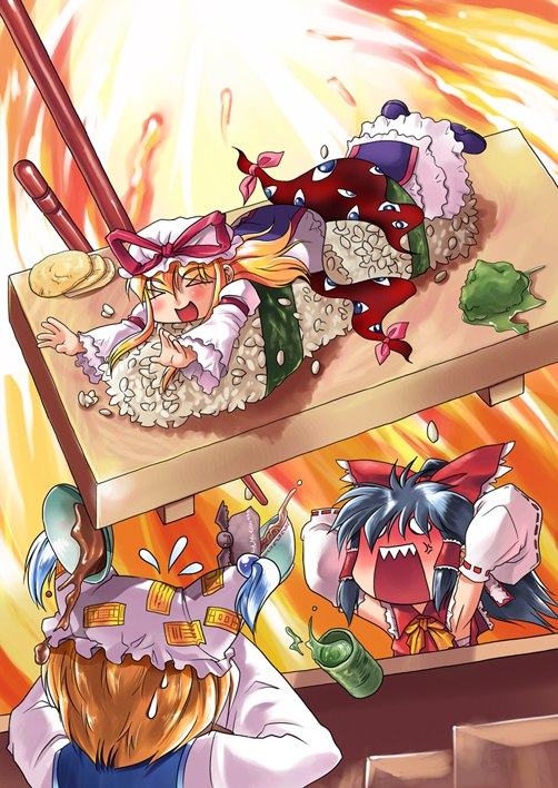 hakurei reimu, mystia lorelei, yakumo ran, yakumo yukari, touhou, > <, 3girls, anger vein, angry, animal hat, armpits, black hair, blonde hair, bowl, chopsticks, closed eyes, cup, detached sleeves, female focus, fish (food), food, gap (touhou), green tea, hat, in food, long sleeves, mini person, minigirl, mob cap, multiple girls, nigirizushi, noodles, ofuda, ramen, rice, sarashi, short hair, sushi, sushi geta, table flip, tassel, tea, wide sleeves, yunomi