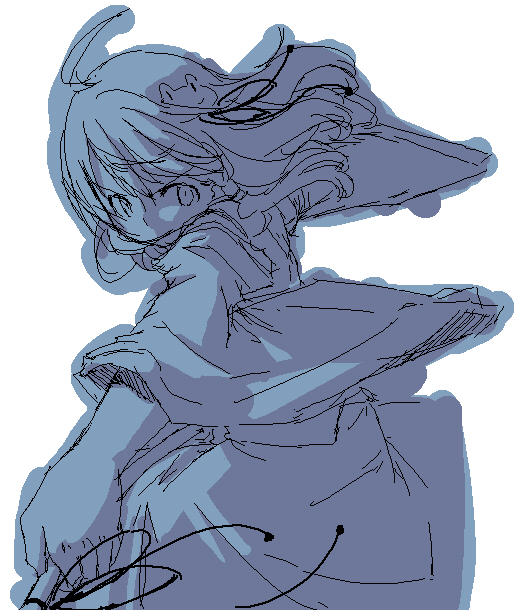 sakuraba yuuki, kochiya sanae, touhou, 1girl, blue theme, detached sleeves, female focus, monochrome, oekaki, serious, short hair, solo