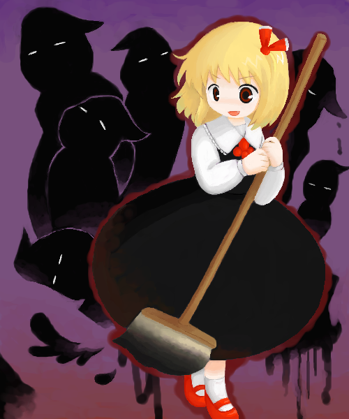 rumia, embodiment of scarlet devil, touhou, 1girl, ascot, black dress, blonde hair, dress, female focus, mary janes, mop, oekaki, purple background, red eyes, shadow, shoes, short hair, smile, solo