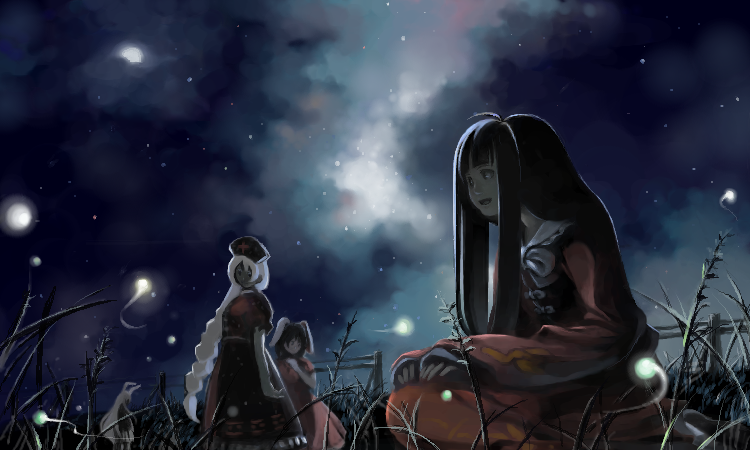 houraisan kaguya, inaba tewi, reisen udongein inaba, yagokoro eirin, touhou, 4girls, animal ears, female focus, multiple girls, night, outdoors, plant, rabbit ears, sky, star (symbol)