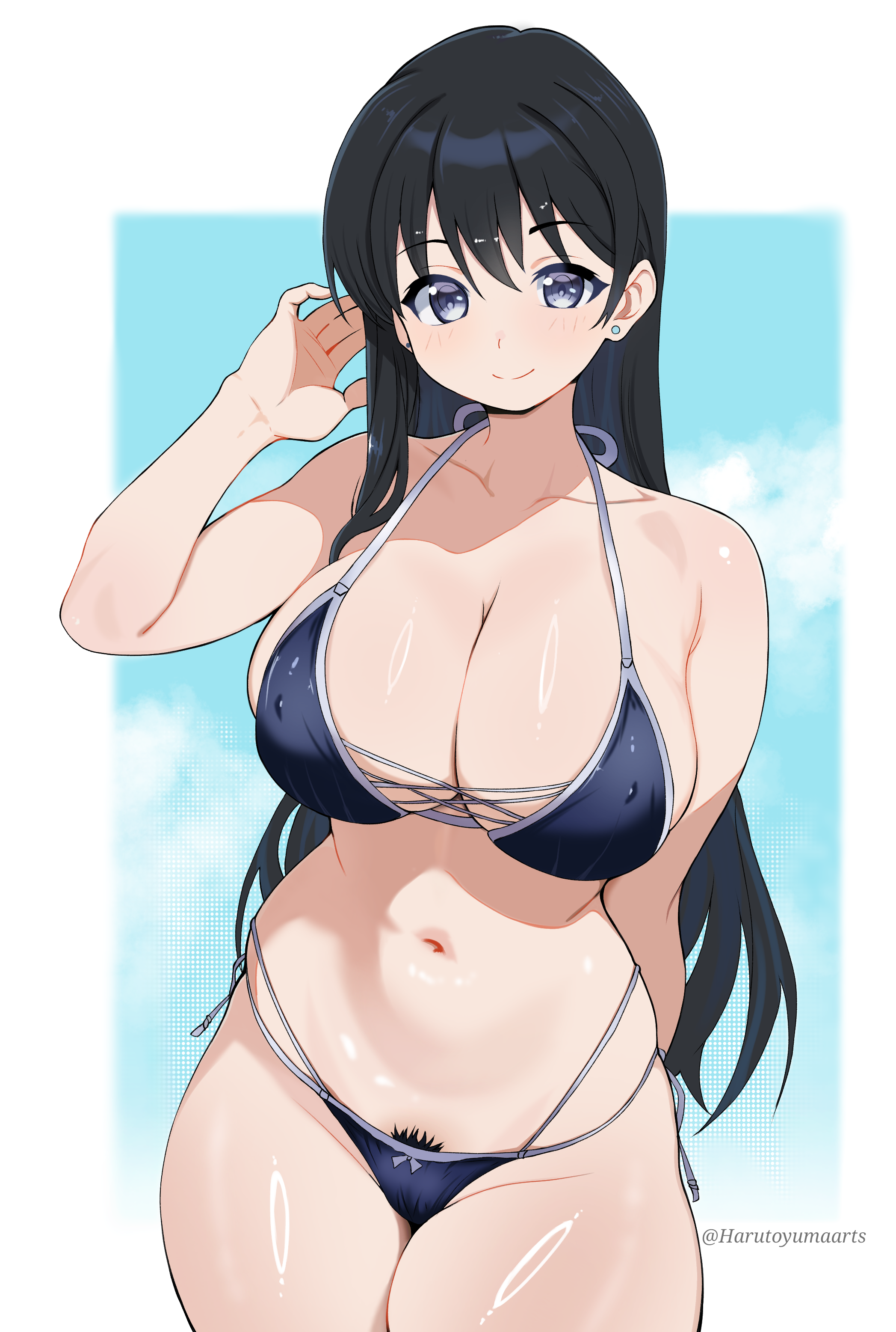 harutoyumaarts, arato nagi, ruri no houseki, absurdres, commentary request, highres, 1girl, bare arms, bikini, black hair, blue bikini, blue sky, blush, breasts, cleavage, collarbone, covered erect nipples, curvy, earrings, female pubic hair, hair between eyes, jewelry, large breasts, long hair, looking at viewer, navel, pubic hair, pubic hair peek, purple eyes, simple background, sky, smile, solo, standing, stud earrings, swimsuit, thighs, very long hair, white background