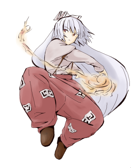 kajiki, fujiwara no mokou, touhou, 1girl, bow, brown shoes, female focus, full body, hair bow, loafers, long hair, long sleeves, looking at viewer, oekaki, ofuda, pants, shirt, shoes, simple background, solo, suspenders, very long hair, white background, white bow, white shirt