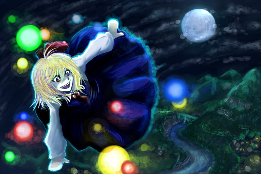 rumia, embodiment of scarlet devil, touhou, 1girl, blonde hair, danmaku, female focus, full moon, hair ribbon, landscape, moon, necktie, outstretched arms, red eyes, ribbon, short hair, solo, spread arms